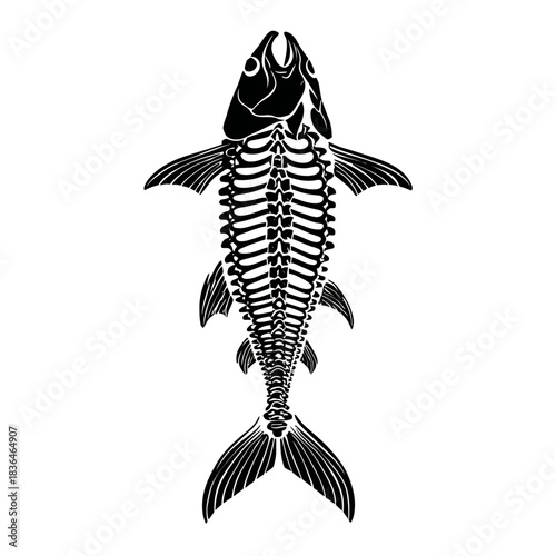 Black and white illustration of fish skeleton isolated on white background