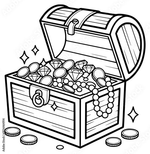 Open Treasure Chest Overflowing with Gold Coins and Diamonds