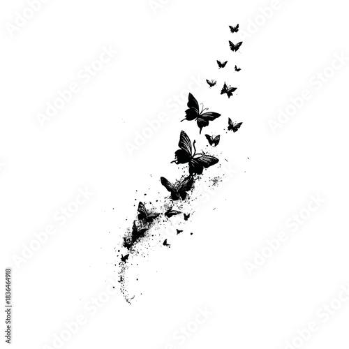 Black and white illustration of butterflies ascending on a white background