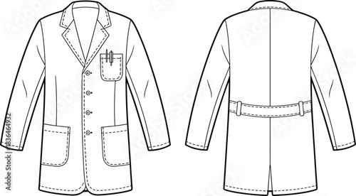 Lab coat technical vector set, front and back fashion sketch with notched lapel, chest and patch pockets, waist strap, garment design illustration