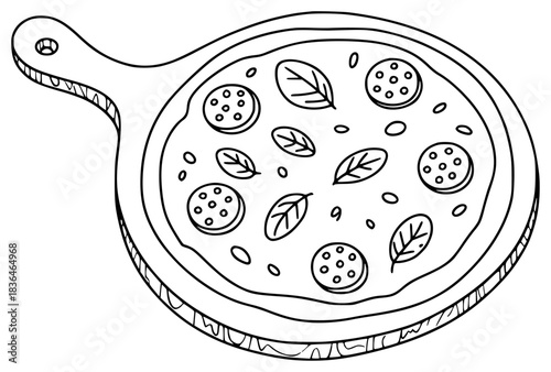 Simple Line Art Drawing of a Pepperoni and Spinach Pizza on a Wooden Peel