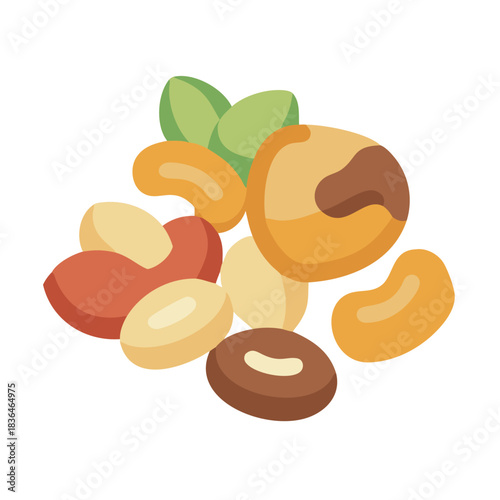 Pile of assorted nuts with leaves on white background