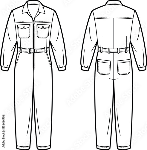 Long-sleeve utility jumpsuit vector set, front and back fashion sketch with zipper closure, flap pockets, belted waist, and relaxed fit