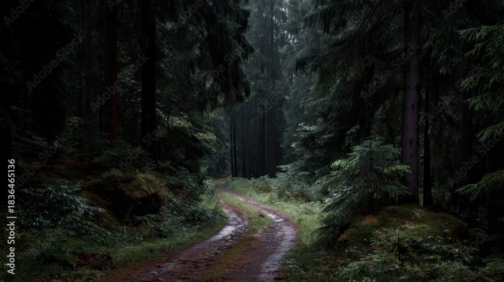 Fototapeta premium A winding dirt path cuts through a dark forest with tall trees on either side. Rain falls softly creating a serene and mysterious atmosphere in this natural setting.