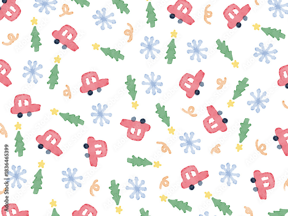 Obraz premium 白背景に手描きイラストパターン。冬の旅行やドライブのコンセプト。水彩のクリスマスツリーと赤い自動車