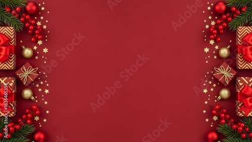 Festive christmas background with gifts, ornaments, berries, and pine branches on red surface