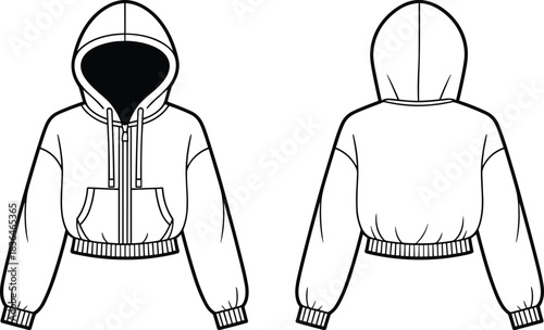 Cropped zip-up hoodie vector set with front and back fashion sketch, drawstring hood, kangaroo pockets, ribbed cuffs, and waistband for garment design