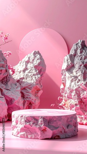 Surreal pink stage with rocks and floral branches