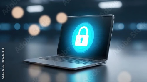 Modern Laptop with Lock Icon on Screen Symbolizing Cybersecurity and Data Protection in Digital Environment 4k video footage