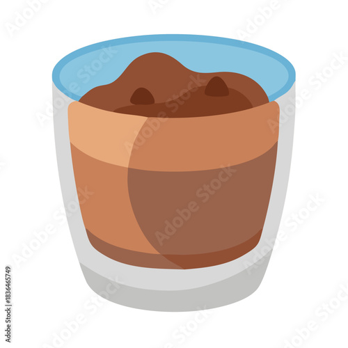 Delicious chocolate mousse in glass, flat lay illustration