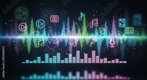 Wallpaper Mural Vibrant neon sound waves and music icons create a dynamic audio visual experience for entertainment and technology branding projects today Torontodigital.ca