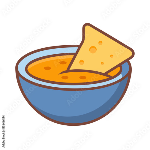Nacho chip being dipped into a bowl of cheese