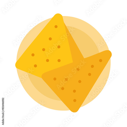 Two yellow nachos chips on a plate overhead shot