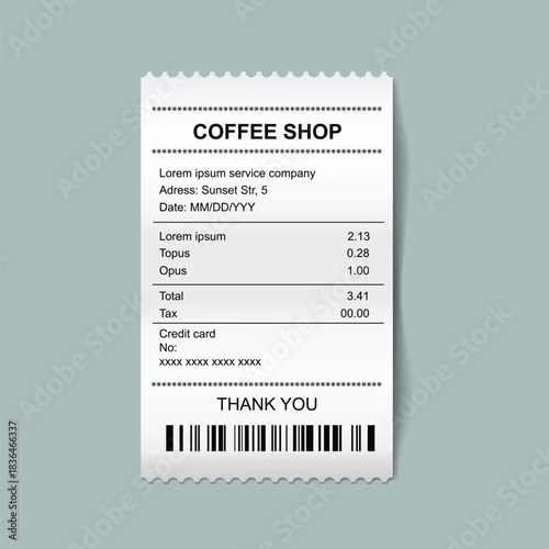 Coffee Shop Receipt with Itemized Purchases . Paper payment printed receipts,, Restaurant atm check template Vector Illustration