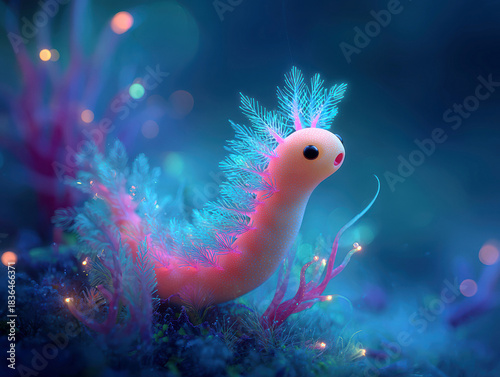 A large, glowing sea worm with wiggly fins, soft coral pink and turquoise colors, in a bioluminescent ocean atmosphere Detailed fantasy illustration of whimsical underwater scene, feat - AI-Generated