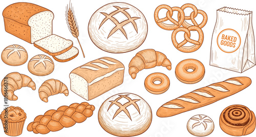 Hand-drawn bakery illustration set featuring artisan bread, loaves, pretzels, croissants, donuts, and assorted baked goods