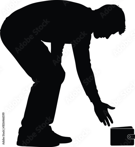 Silhouette of a person bending over to pick up a small wallet dropped ground