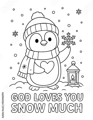 cute penguin smiling and holding a snowflake in a snowy christian winter scene with god loves you snow much text, vector coloring illustration for kids faith lessons and children christian education