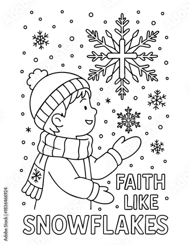 child smiling and looking at snowflakes with a christian cross shape in a winter scene, faith like snowflakes message, vector coloring illustration for kids ministry and christian education