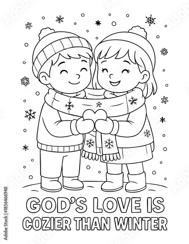 coloring page vector of two smiling kids hugging in a snowy christian winter scene with god’s love is cozier than winter message, illustration for kids ministry and sunday school