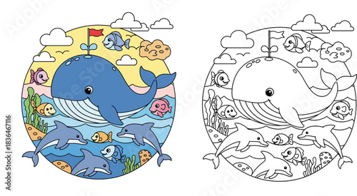 Cute cartoon whale and dolphins swimming in the sea. Vector circular illustration of marine life with happy fish, clouds and sun isolated on white background.