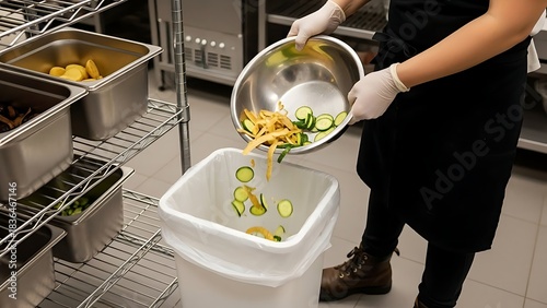 Chef discarding vegetable peels and slices into a trash bin in a commercial kitchen