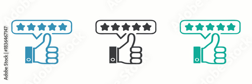 Customer gives a five star rating with a thumbs up icon,Customer review rating with 5 stars and thumb up feedback. Five star rating badge, review rating icon.=