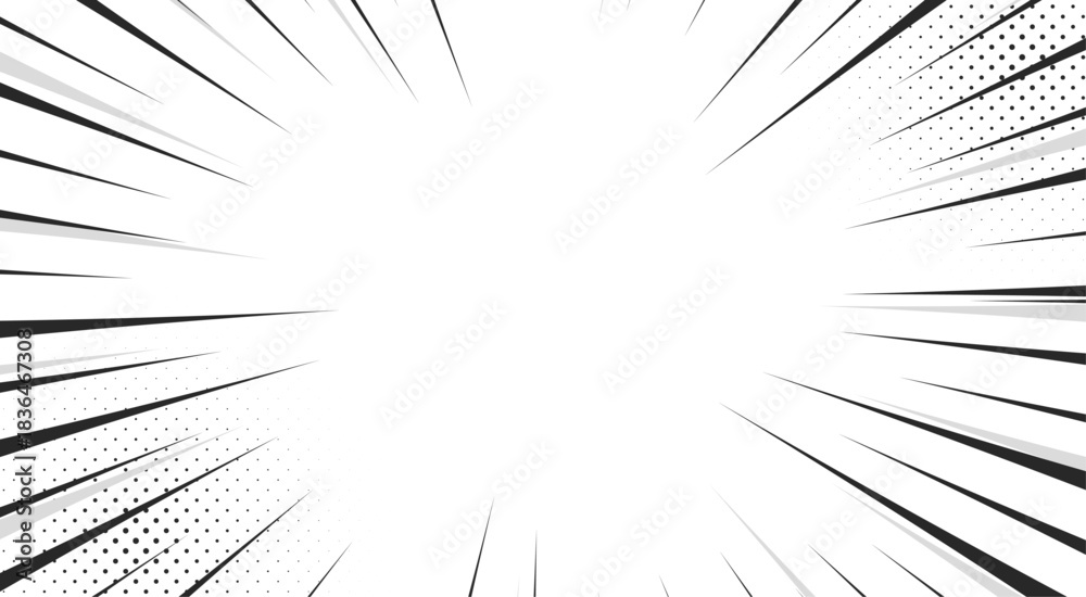 Obraz premium Black and White Comics background with speed or explosion effect. Comic halftone gradation gradient. Simple polka dots pattern. Dynamic motion in manga. Radial anime speed lines. Zoom effect for books
