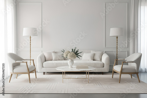 elegant classic modern living room with off-white sofa, armchairs and lamp - interior design trendsinspiration for Pantone color of the year 2026 'cloud dancer'