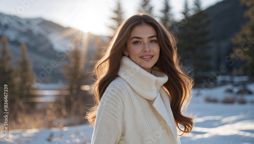 Brunette woman snowy landscape white coat smiling sunlight mountains trees winter peaceful serene warm generative AI