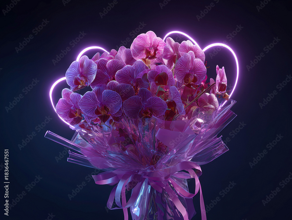 Obraz premium High-def image of purple orchid bouquet in transparent vase against dark backdrop, illuminated by soft purple glow Bouquet and vase adorned with pink ribbons Close-up view from slight - AI-Generated