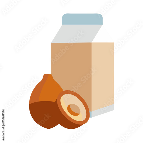Illustration of coconut milk carton with split coconut fruit