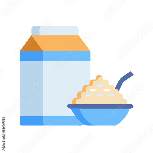 Illustration of cereal bowl with milk carton on white