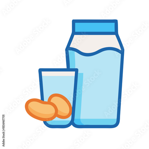 Almond milk carton and glass with almonds vector illustration