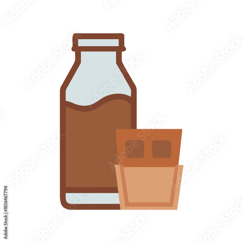 Flat illustration of chocolate milk bottle and glass