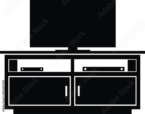 Illustration of Television with Console Table Silhouette Design Featuring Speakers Dvd Player and Cabinet Doors Home Entertainment Center Furniture Vector Isolated on White