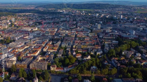 Aerial panorama view around the old town of Biel/Bienne in Switzerland on a sunny day in summer.