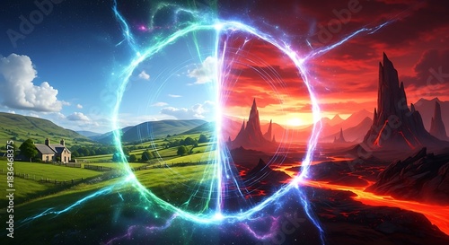 Dimensional Rift Separating a Tranquil Landscape from a Fiery Realm.