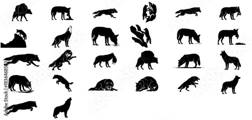 the shadows echo charting the wolfs instinctive journey in graphic silhouette form set, isolated on transparent background