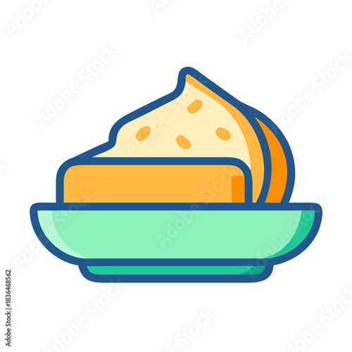 Stylized illustration of butter portion in dish on white