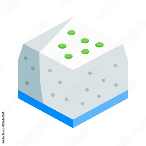 Isometric tofu cube with green sprouts on a white background