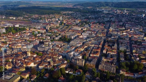 Aerial panorama view around the old town of Biel/Bienne in Switzerland on a sunny day in summer.