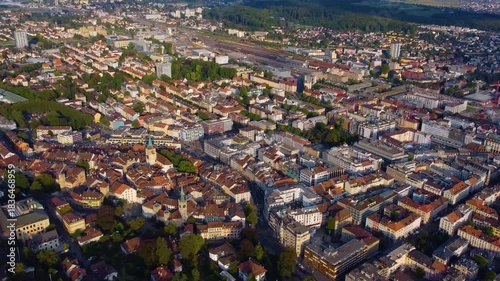 Aerial panorama view around the old town of Biel/Bienne in Switzerland on a sunny day in summer.