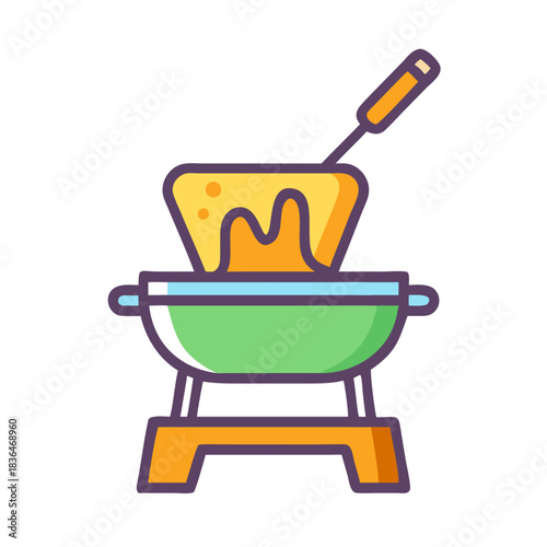 Colorful illustration of cheese fondue pot on a white background
