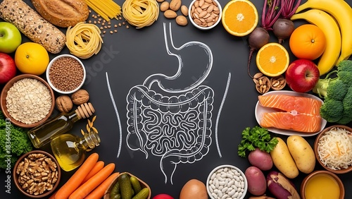 Digestive System Illustration Surrounded By Healthy Foods And Nutrients human body