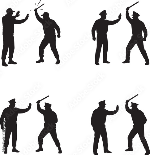 Silhouetted figures in conflict police officer confrontation and aggression vector set