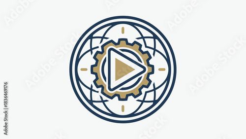 Global Network Play Button Gear Logo Tech Innovation Symbol
