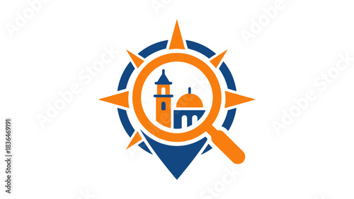 Blue Orange Travel Compass Search Icon with Magnifying Glass and Buildings