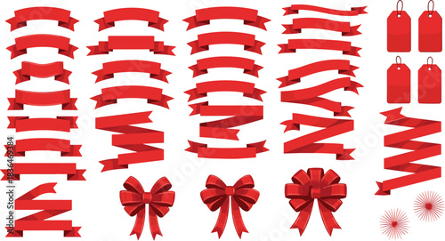 Large Collection of Detailed Red Vector Ribbons, Curved Banners, Decorative Bows, and Price Tags for Anniversary Announcements, Sales Promotions, and Holiday Gift Wrapping