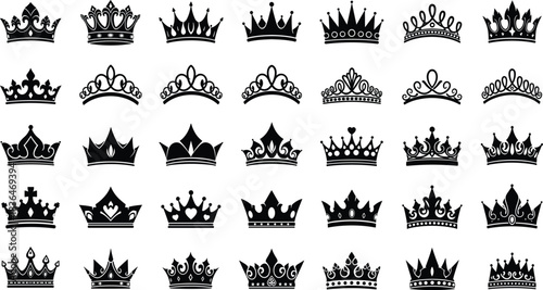 Large Vector Set of Royal Crown and Elegant Tiara Silhouettes in Black, Representing Royalty, Success, Monarchy, and Luxury, Perfect for Logos or Decorations